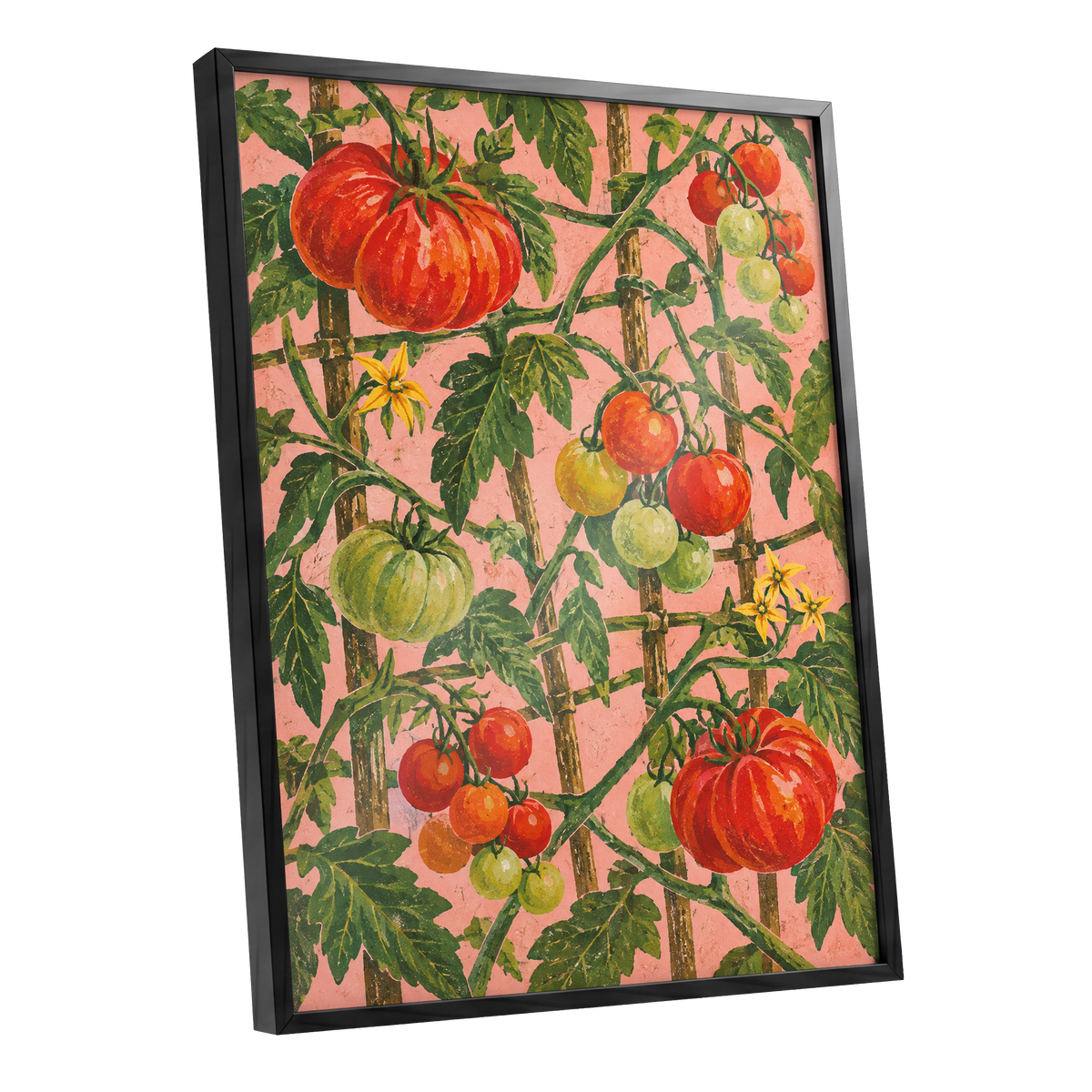 Scarlet Tomato Trellis, red, green, pink nature wall art shown as a black framed poster wall art print