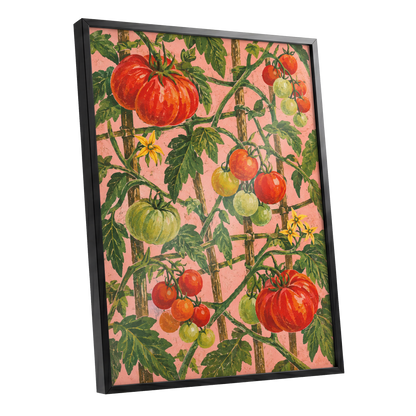 Scarlet Tomato Trellis, red, green, pink nature wall art shown as a black framed poster wall art print