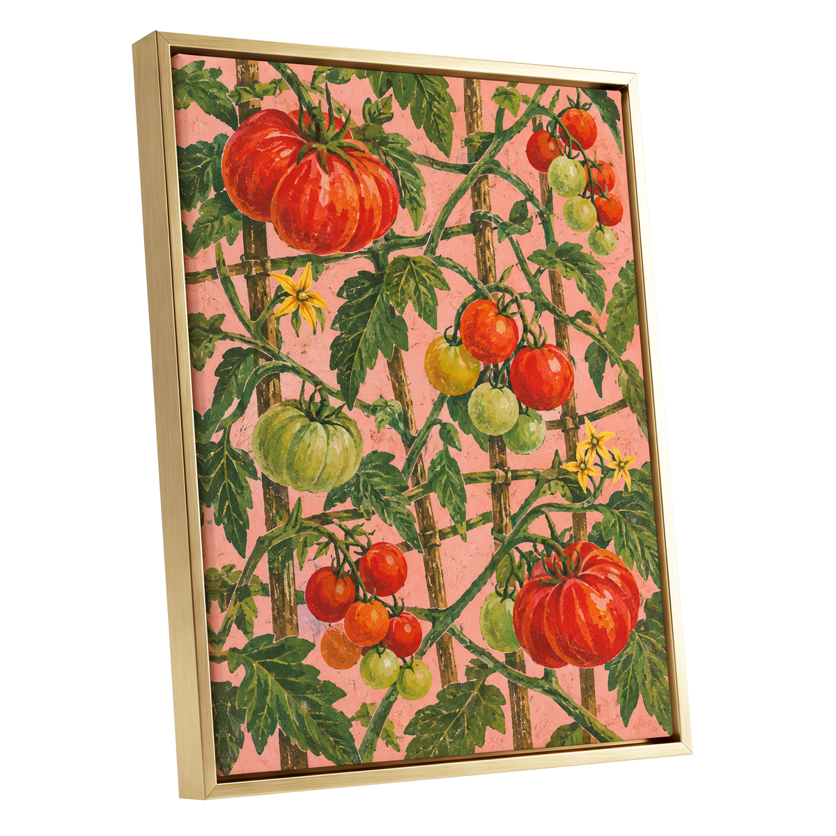 Scarlet Tomato Trellis, red, green, pink nature wall art shown as a gold framed canvas wall art