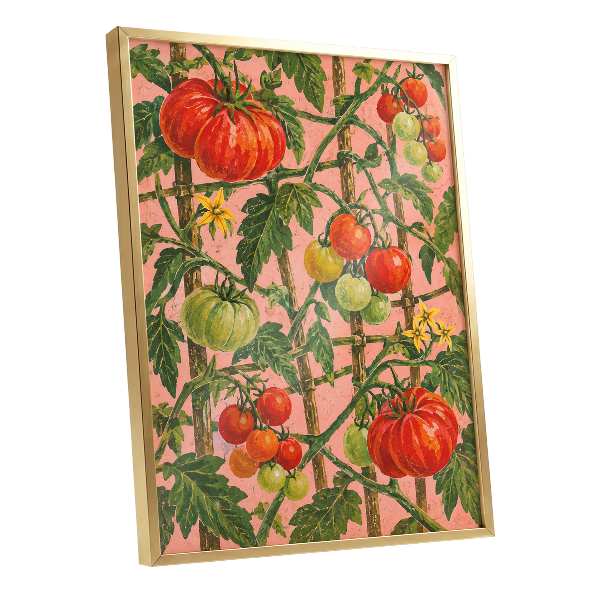 Scarlet Tomato Trellis, red, green, pink nature wall art shown as a gold framed poster wall art print