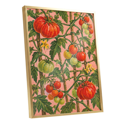 Scarlet Tomato Trellis, red, green, pink nature wall art shown as a gold framed poster wall art print