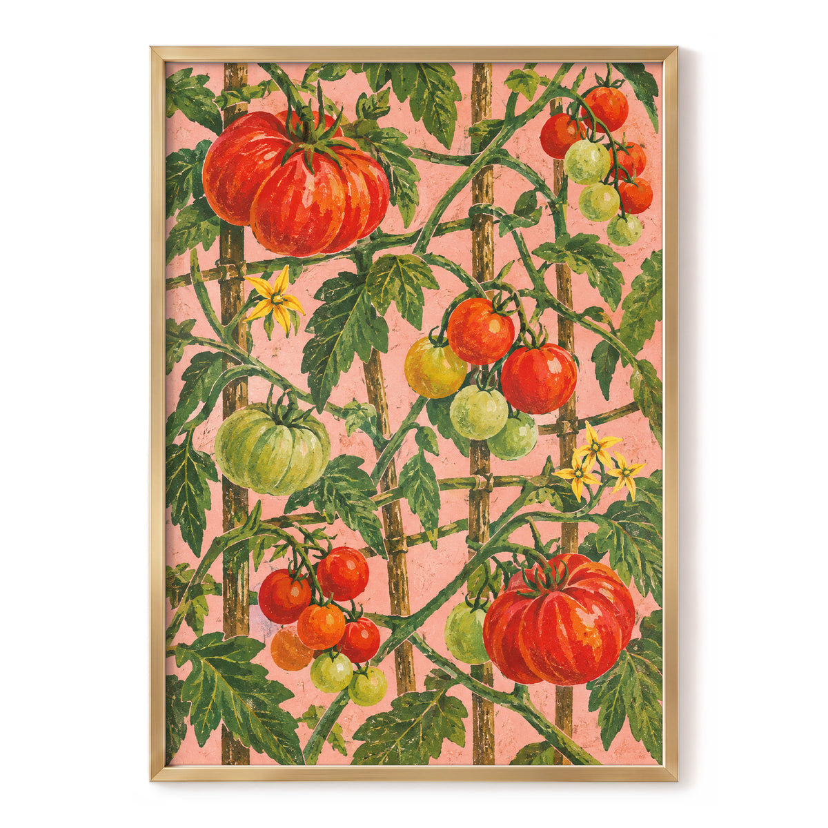 Scarlet Tomato Trellis, red, green, pink nature wall art, front artwork view