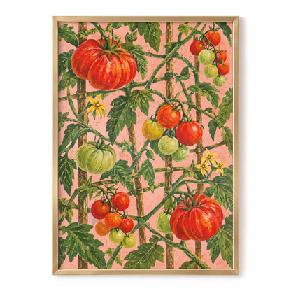Scarlet Tomato Trellis, red, green, pink nature wall art, front artwork view