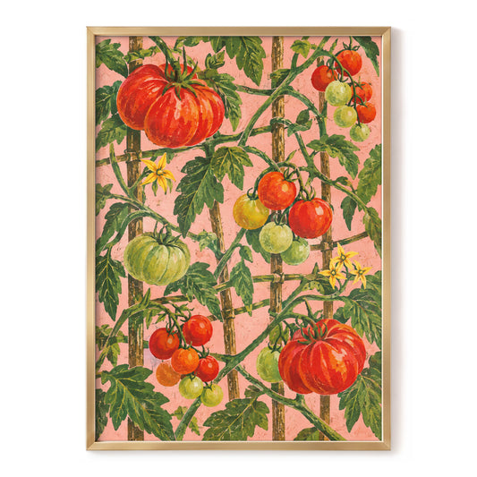 Scarlet Tomato Trellis, red, green, pink nature wall art, front artwork view