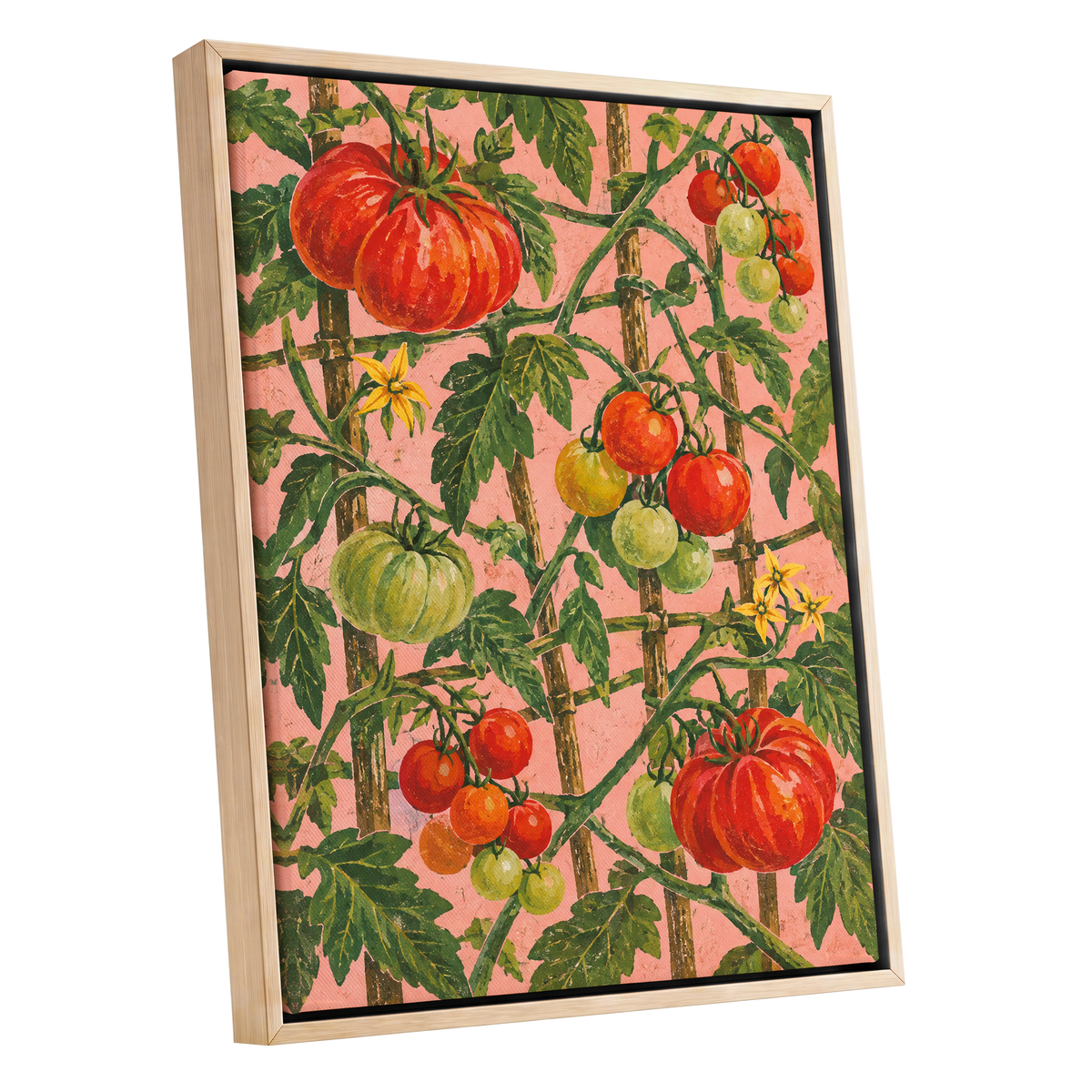 Scarlet Tomato Trellis, red, green, pink nature wall art shown as a oak framed canvas wall art