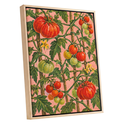 Scarlet Tomato Trellis, red, green, pink nature wall art shown as a oak framed canvas wall art