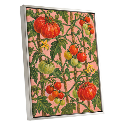Scarlet Tomato Trellis, red, green, pink nature wall art shown as a silver framed canvas wall art