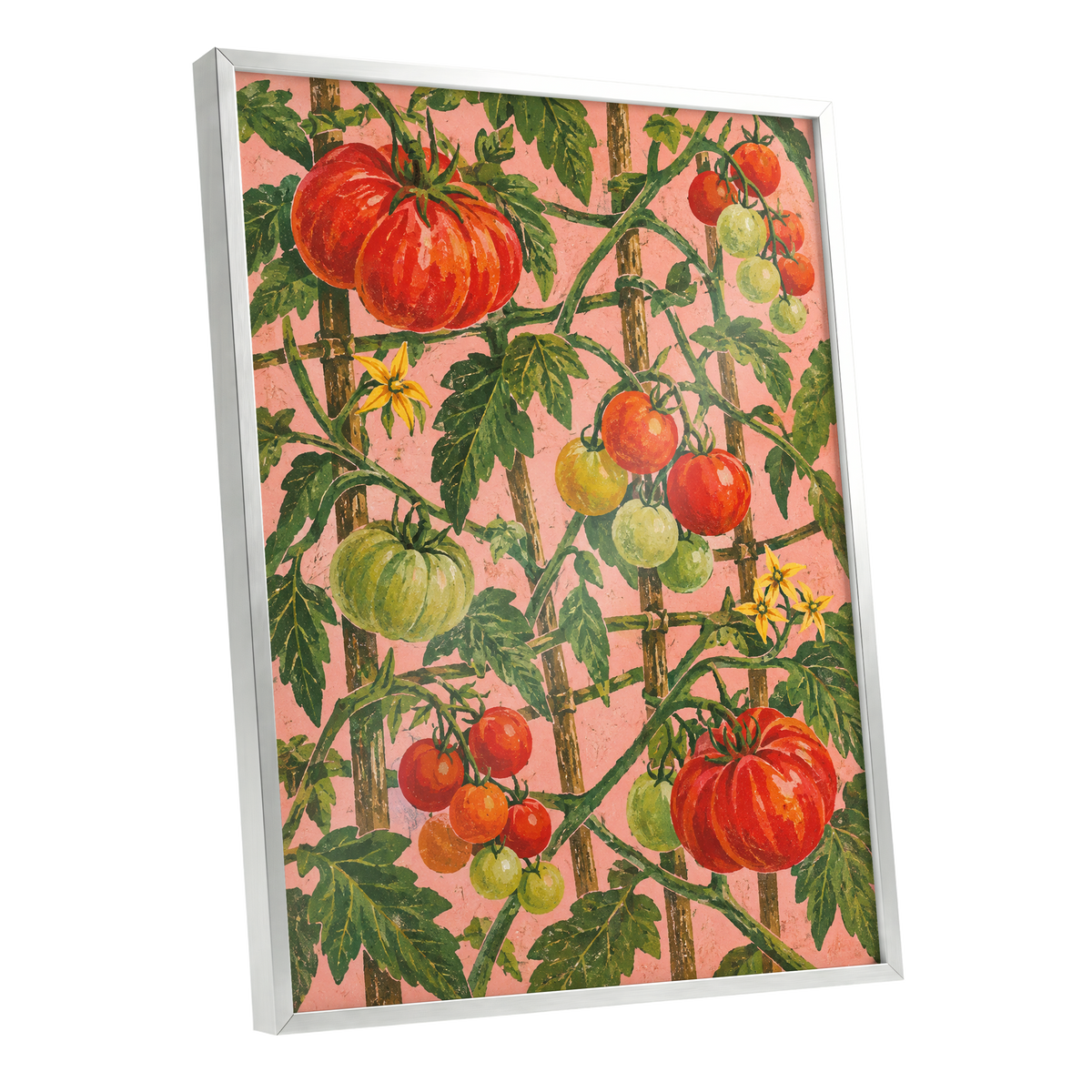 Scarlet Tomato Trellis, red, green, pink nature wall art shown as a silver framed poster wall art print
