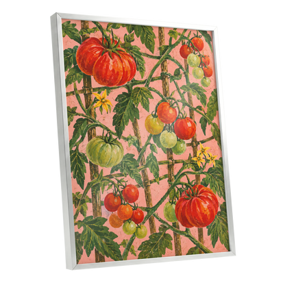 Scarlet Tomato Trellis, red, green, pink nature wall art shown as a silver framed poster wall art print