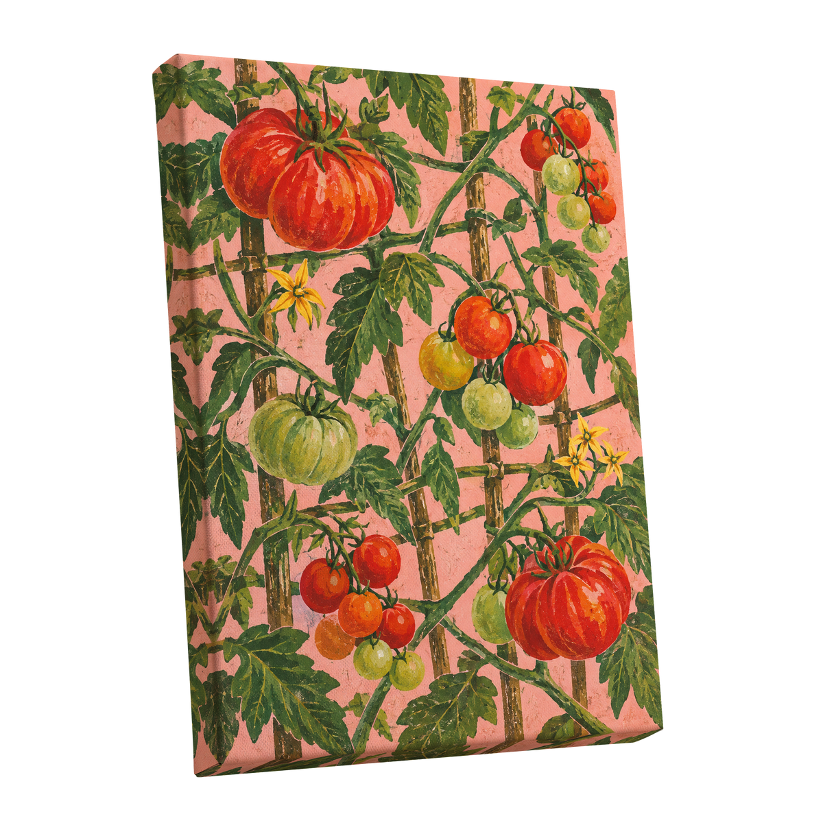 Scarlet Tomato Trellis, red, green, pink nature wall art shown as a stretched canvas wall art