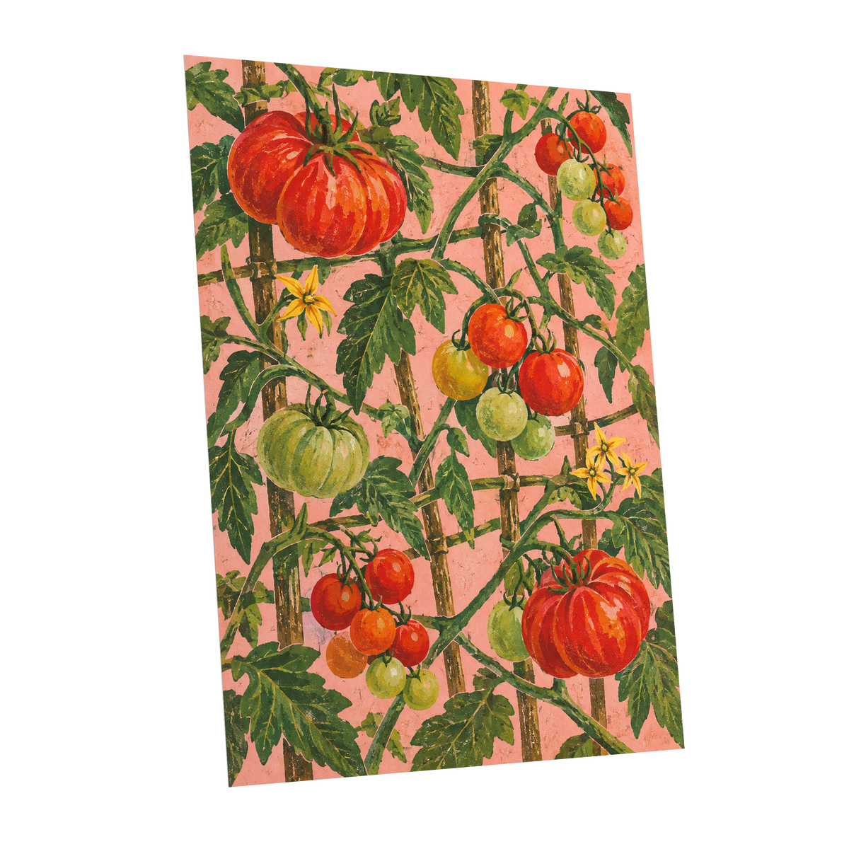 Scarlet Tomato Trellis, red, green, pink nature wall art shown as a unframed poster wall art print