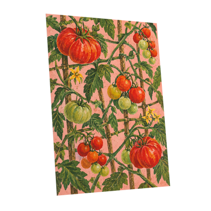 Scarlet Tomato Trellis, red, green, pink nature wall art shown as a unframed poster wall art print
