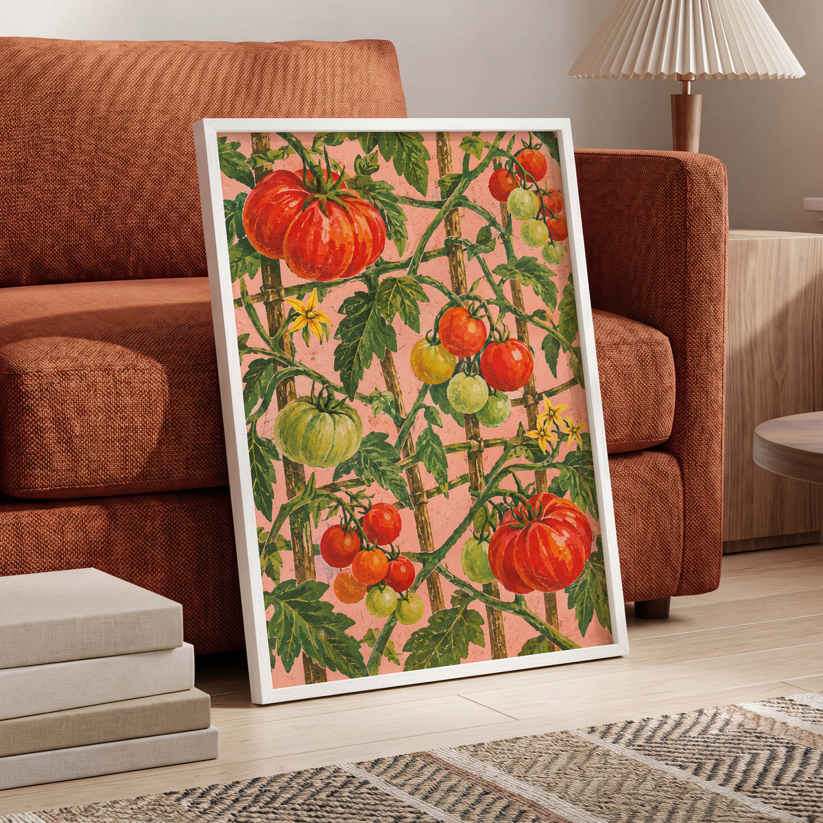 Scarlet Tomato Trellis, red, green, pink nature wall art displayed in a styled interior, gallery view 2