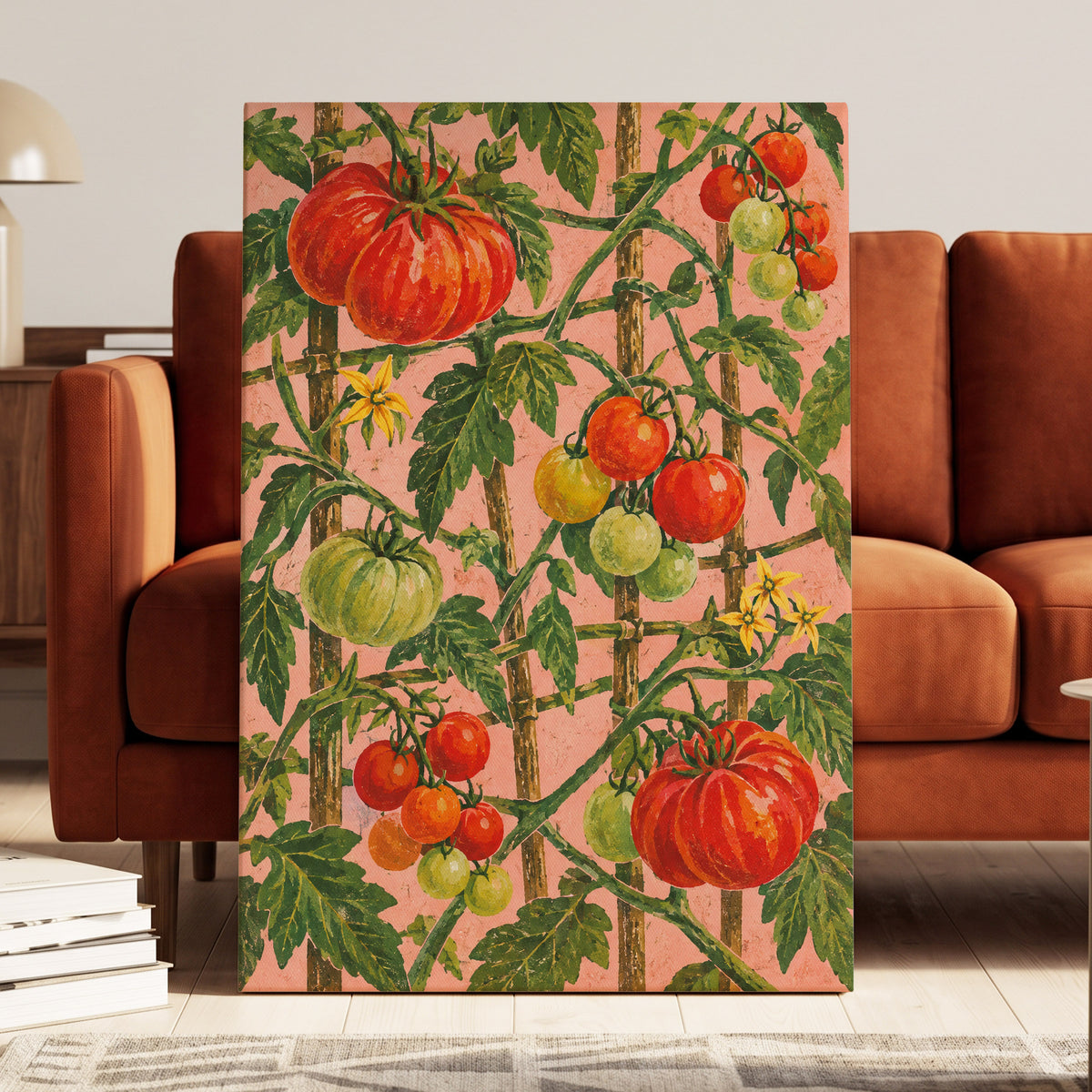 Scarlet Tomato Trellis, red, green, pink nature wall art displayed in a styled interior, gallery view 3