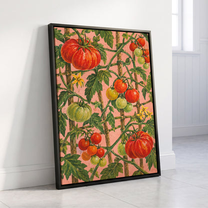 Scarlet Tomato Trellis, red, green, pink nature wall art displayed in a styled interior, gallery view 4