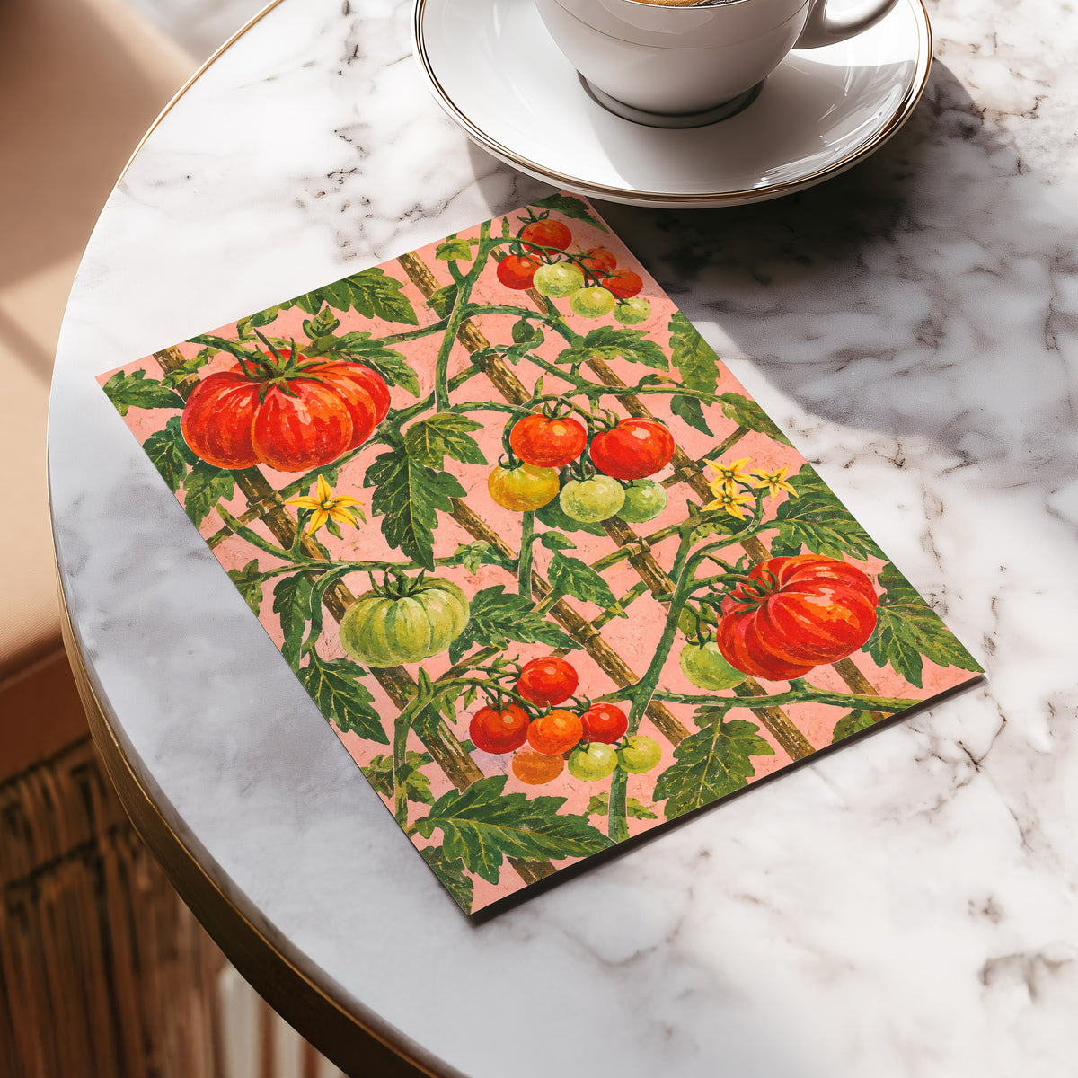 Scarlet Tomato Trellis, red, green, pink nature wall art displayed in a styled interior, gallery view 5