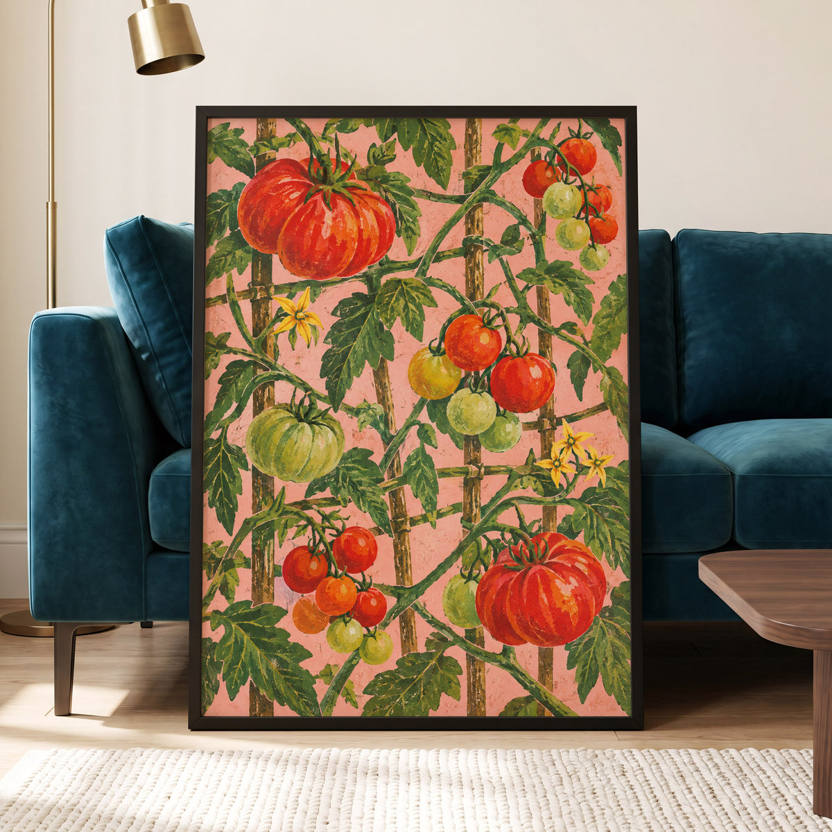 Scarlet Tomato Trellis, red, green, pink nature wall art displayed in a styled interior, gallery view 6