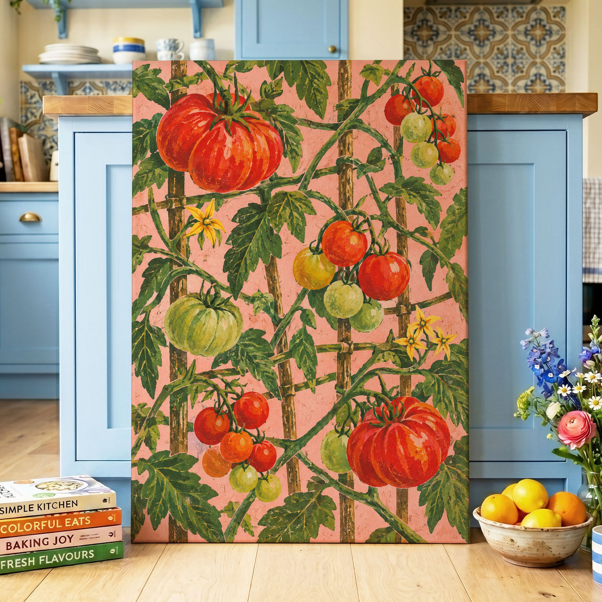 Scarlet Tomato Trellis, red, green, pink nature wall art displayed in a styled interior, gallery view 7