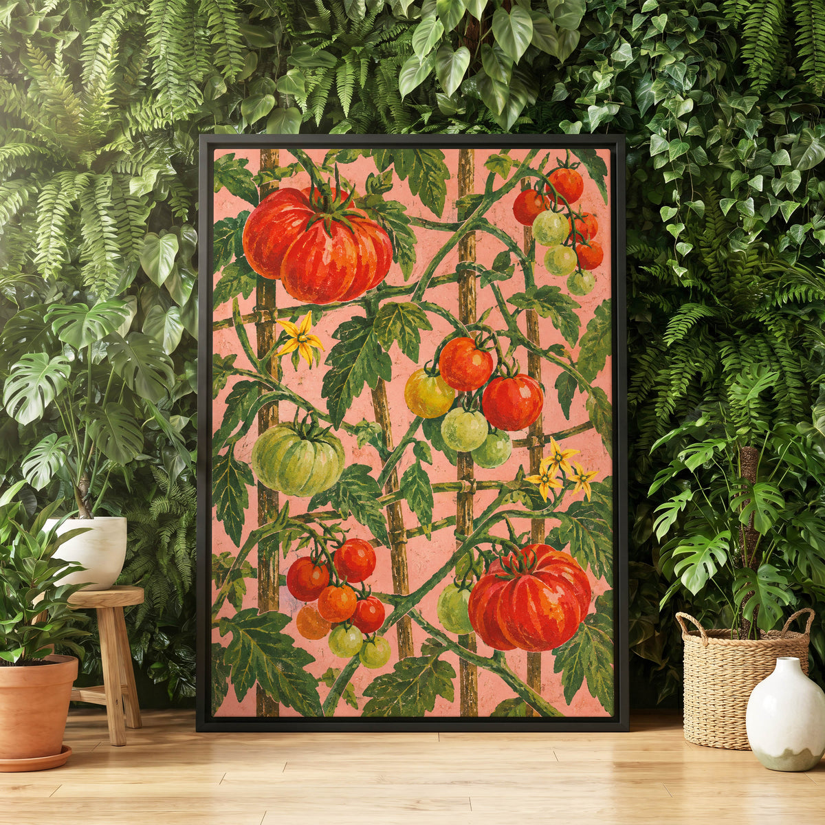 Scarlet Tomato Trellis, red, green, pink nature wall art displayed in a styled interior, gallery view 8