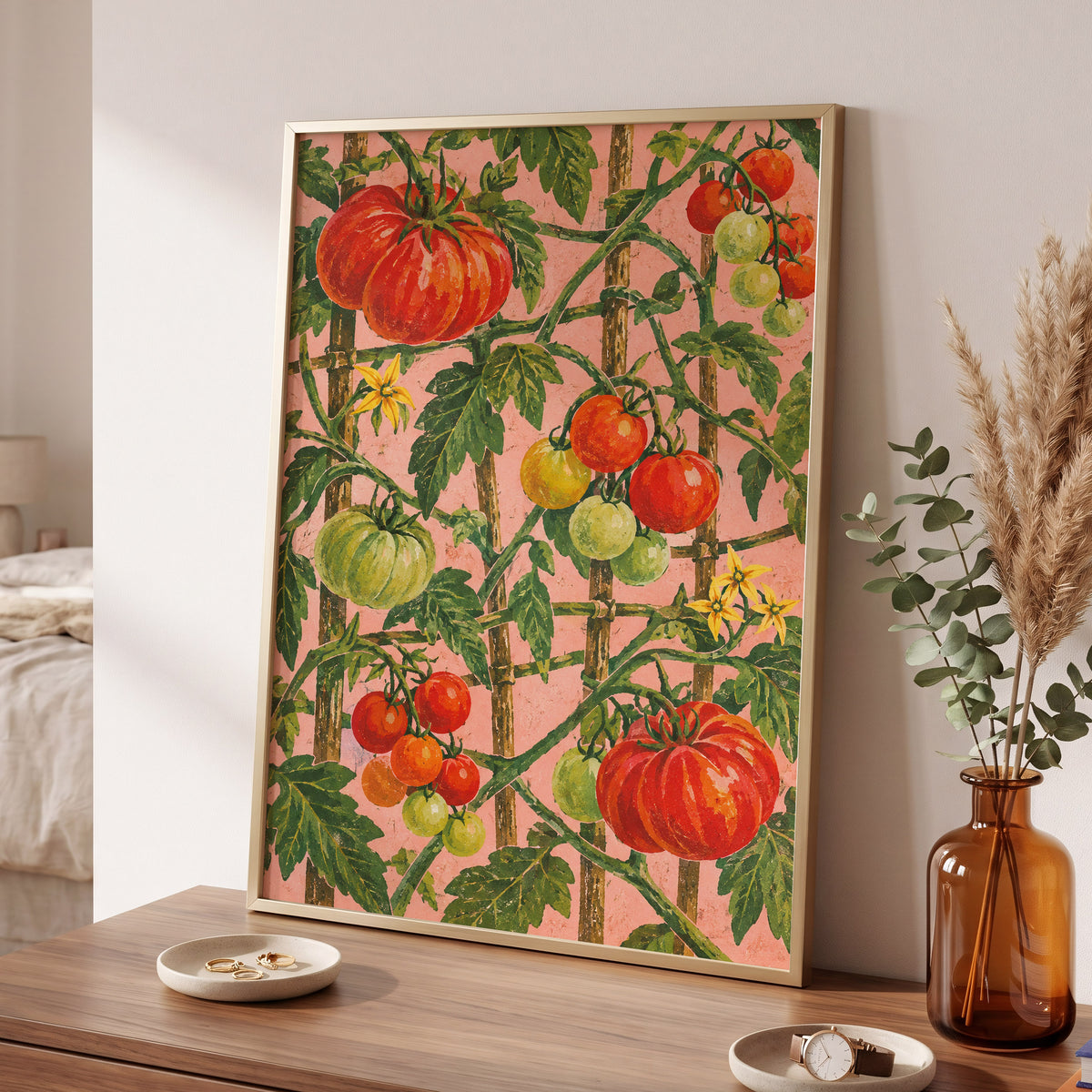 Scarlet Tomato Trellis, red, green, pink nature wall art displayed in a styled interior, gallery view 9