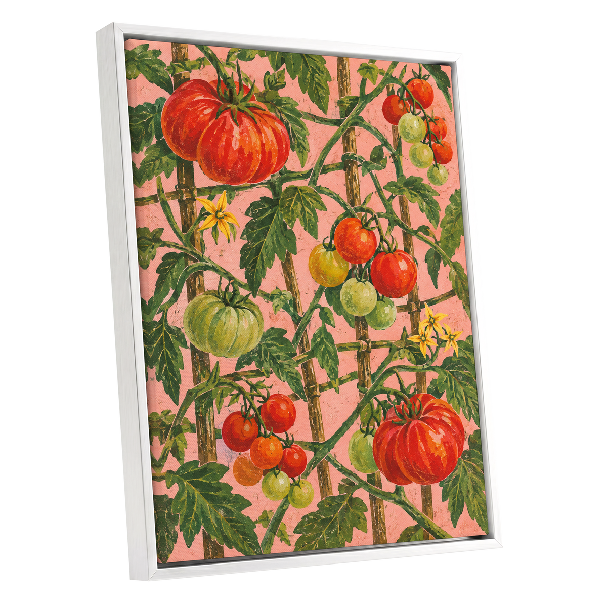 Scarlet Tomato Trellis, red, green, pink nature wall art shown as a white framed canvas wall art