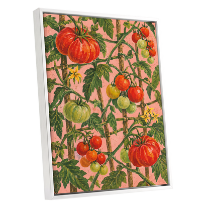 Scarlet Tomato Trellis, red, green, pink nature wall art shown as a white framed canvas wall art