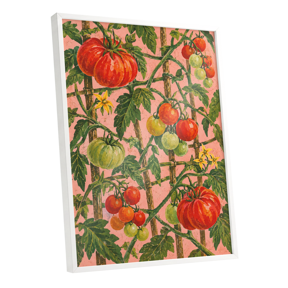 Scarlet Tomato Trellis, red, green, pink nature wall art shown as a white framed poster wall art print