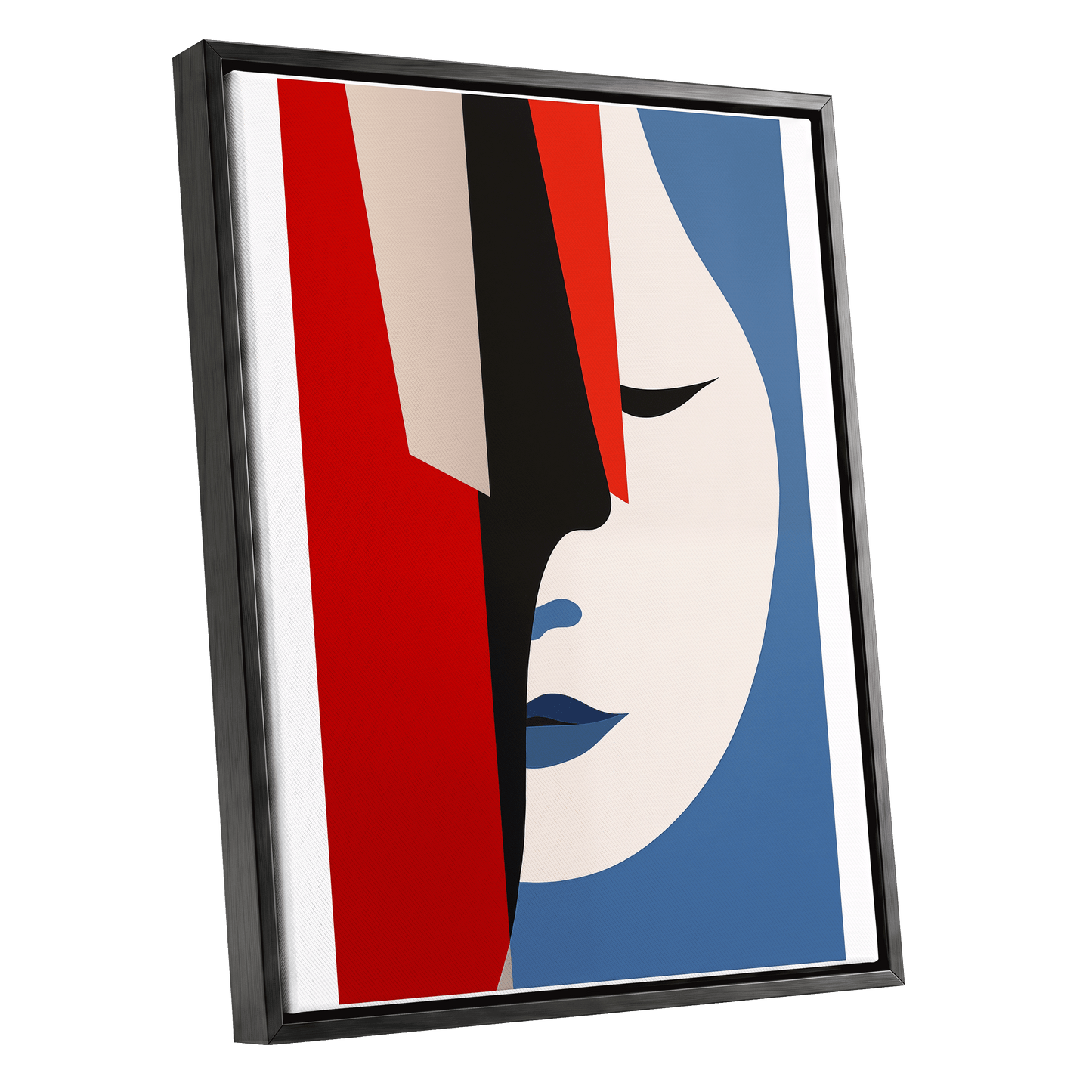 Scarlet Veil, red, blue, beige minimalist wall art shown as a black framed canvas wall art