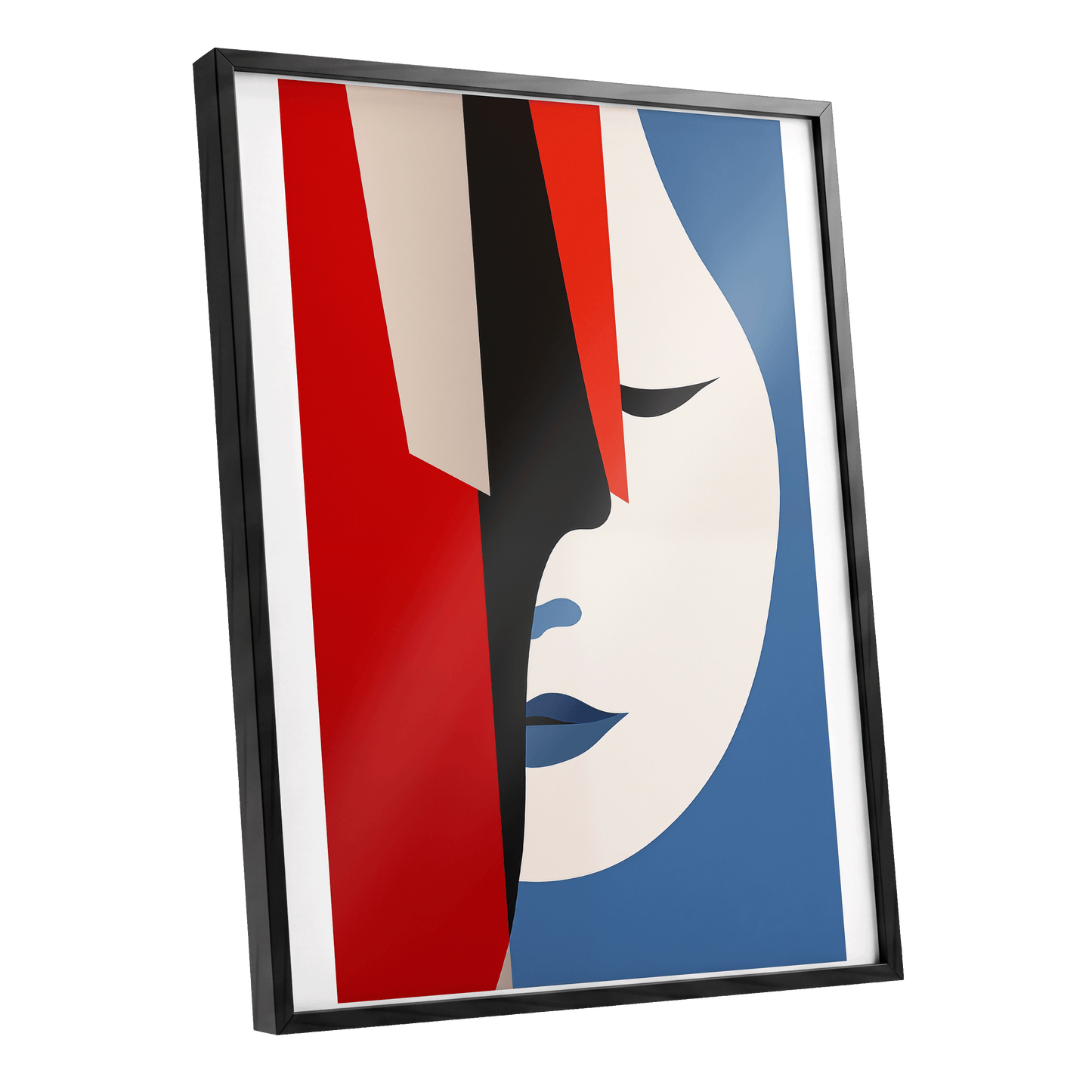 Scarlet Veil, red, blue, beige minimalist wall art shown as a black framed poster wall art print