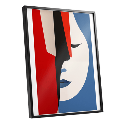 Scarlet Veil, red, blue, beige minimalist wall art shown as a black framed poster wall art print