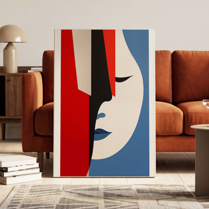 Scarlet Veil, red, blue, beige minimalist wall art on canvas displayed in a styled interior, gallery view 1