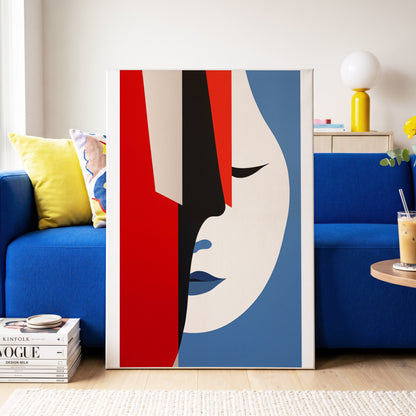 Scarlet Veil, red, blue, beige minimalist wall art on canvas displayed in a styled interior, gallery view 2