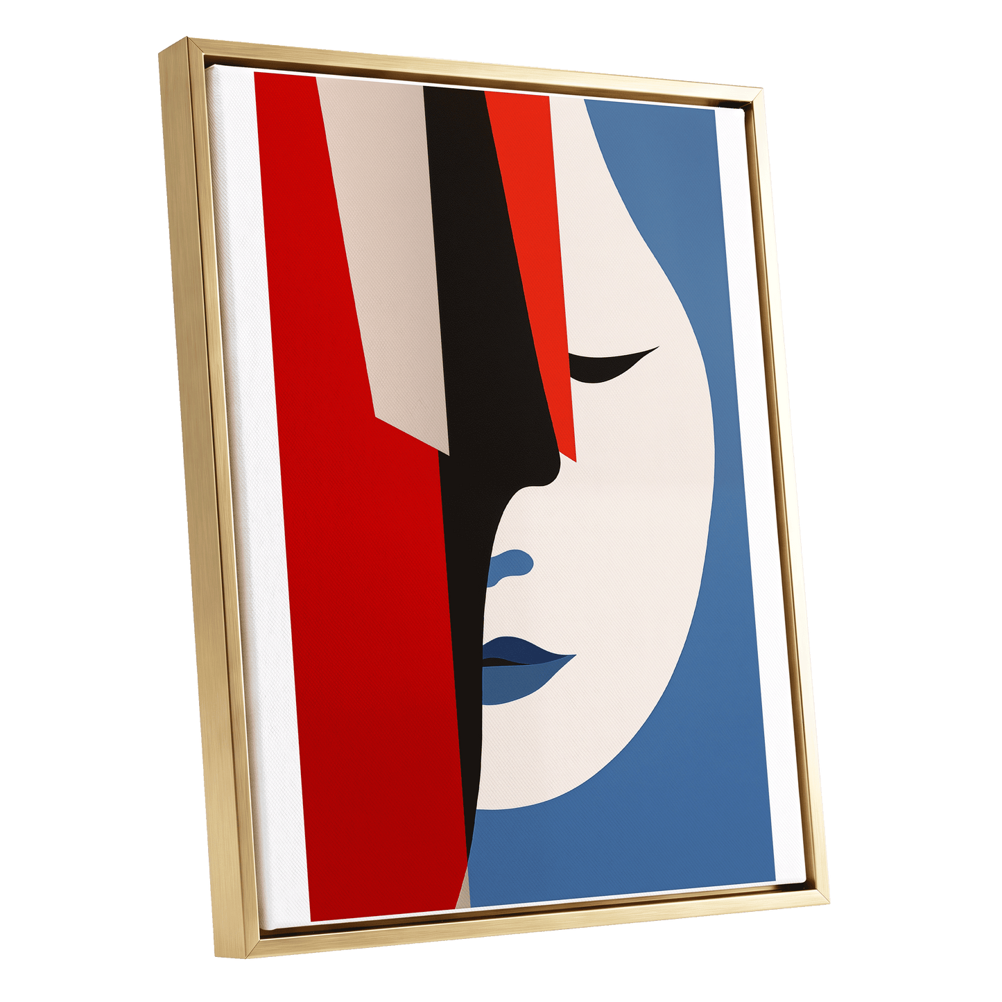 Scarlet Veil, red, blue, beige minimalist wall art shown as a gold framed canvas wall art