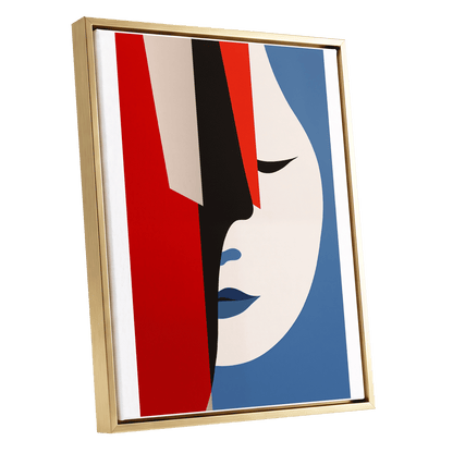 Scarlet Veil, red, blue, beige minimalist wall art shown as a gold framed canvas wall art