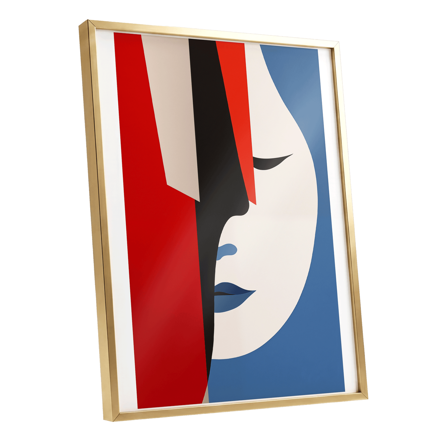 Scarlet Veil, red, blue, beige minimalist wall art shown as a gold framed poster wall art print