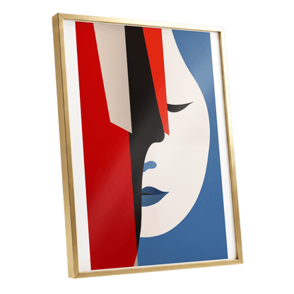 Scarlet Veil, red, blue, beige minimalist wall art shown as a gold framed poster wall art print