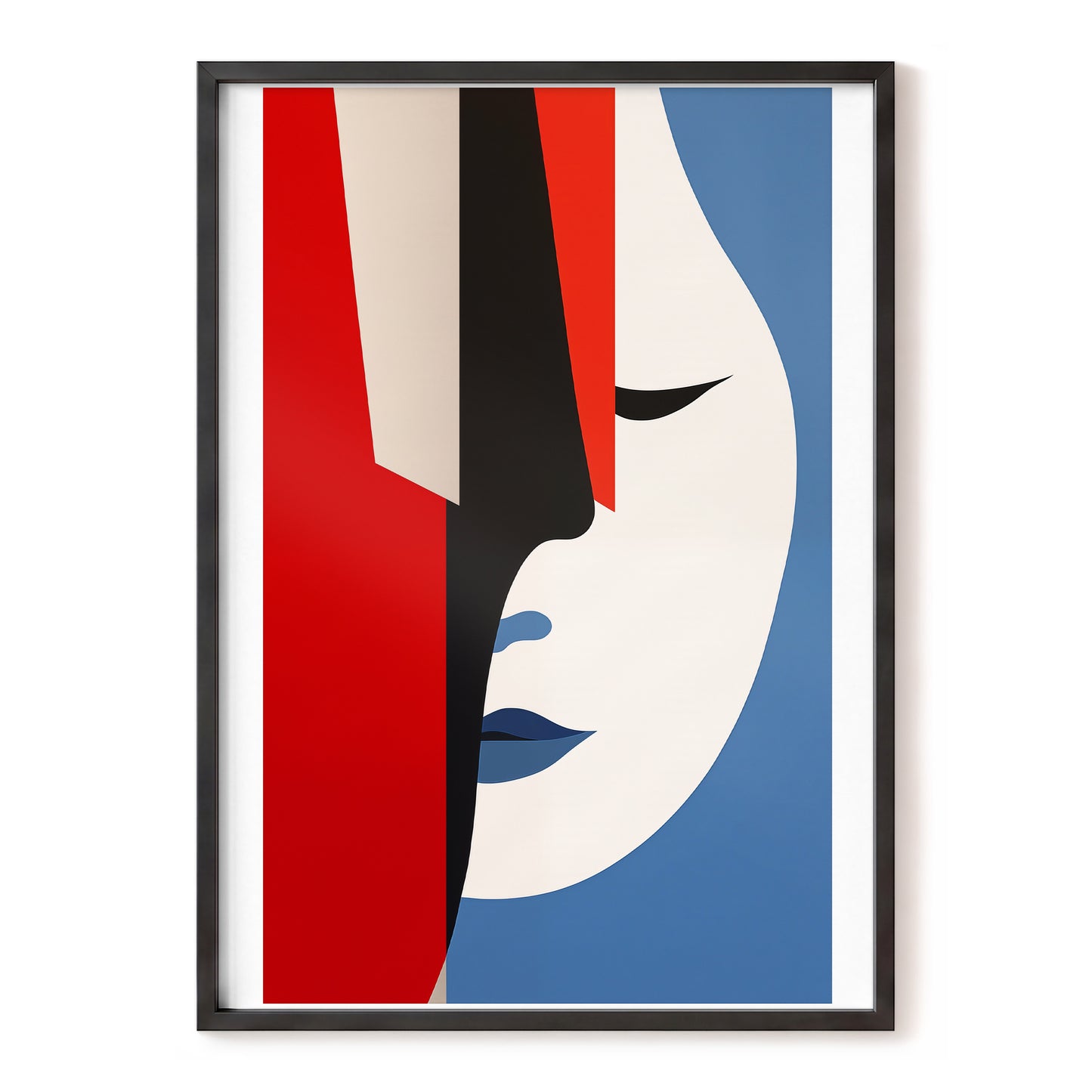 Scarlet Veil, red, blue, beige minimalist wall art, front artwork view