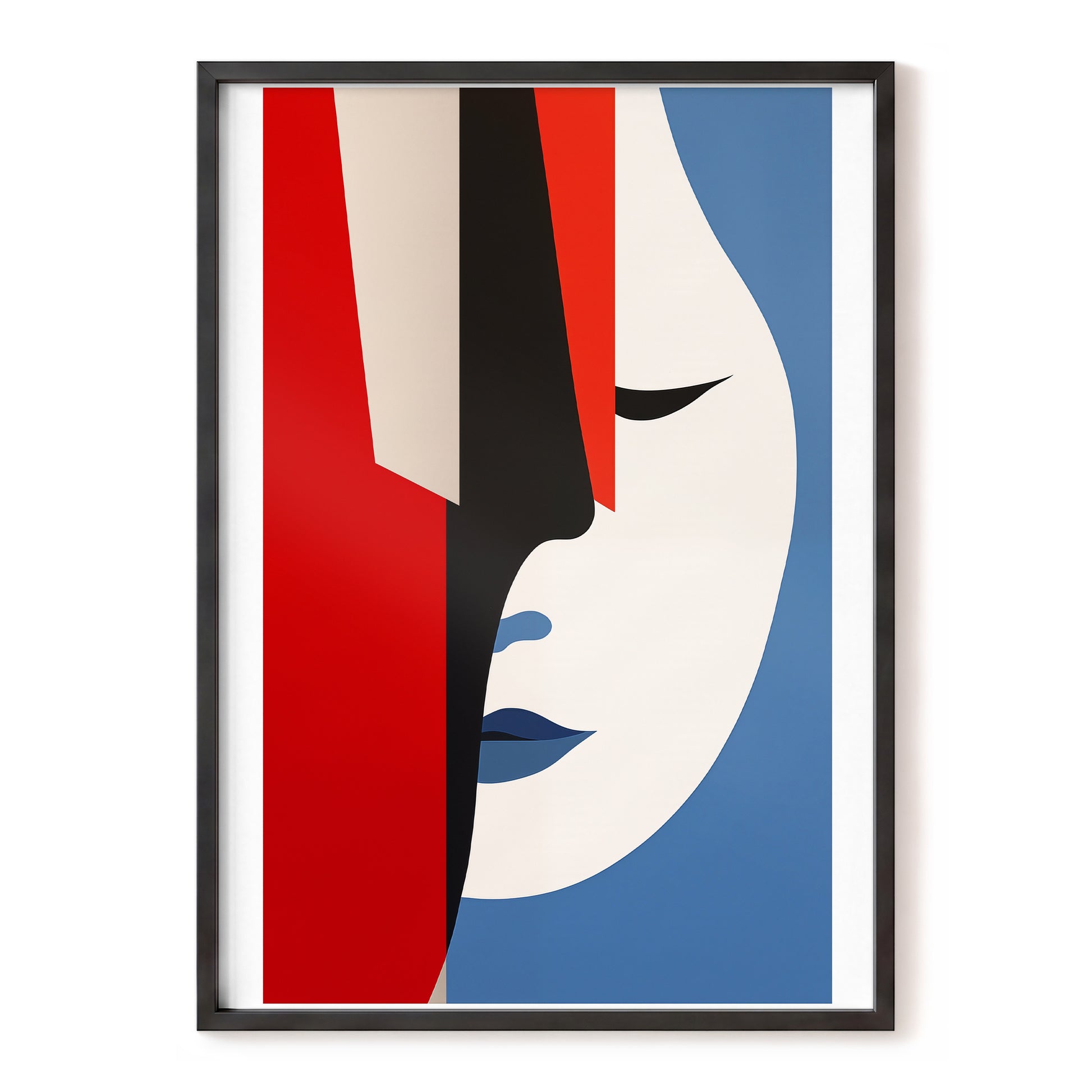 Scarlet Veil, red, blue, beige minimalist wall art, front artwork view