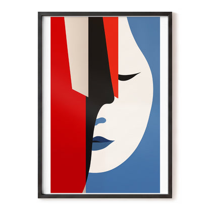 Scarlet Veil, red, blue, beige minimalist wall art, front artwork view
