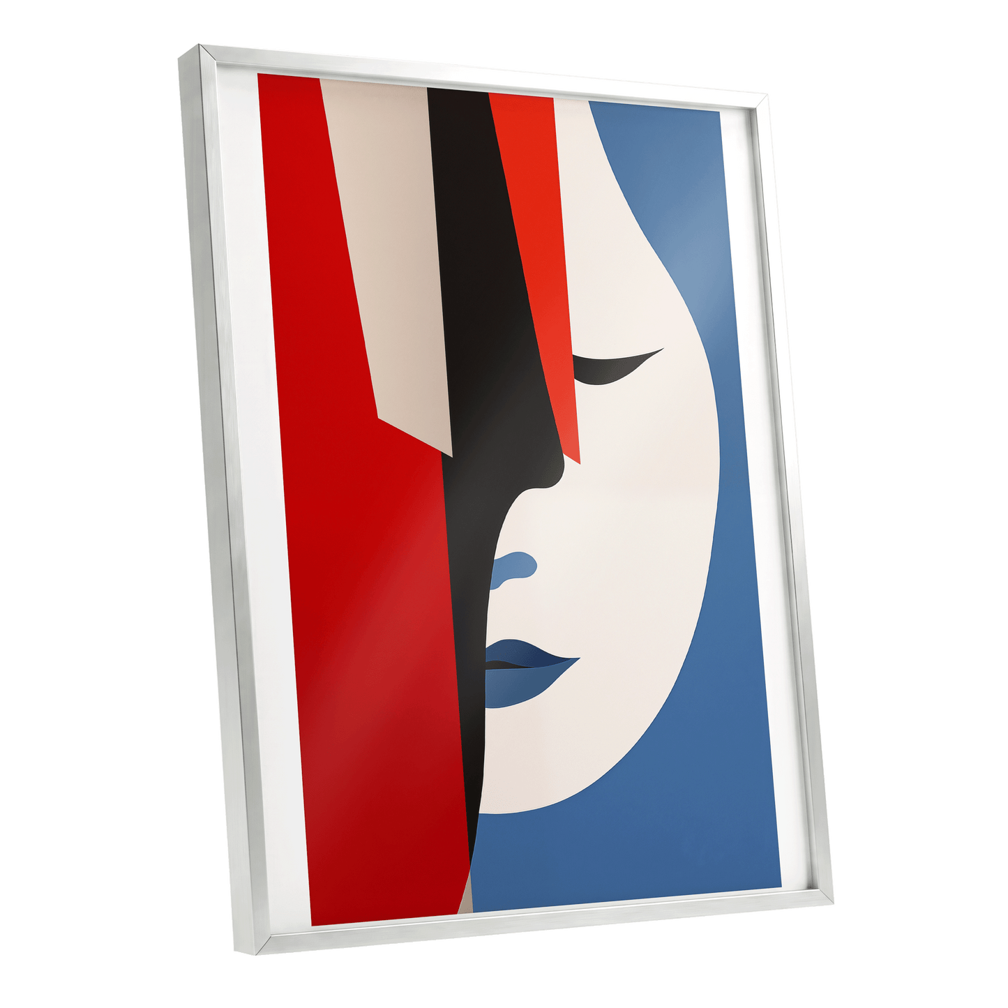 Scarlet Veil, red, blue, beige minimalist wall art shown as a silver framed poster wall art print