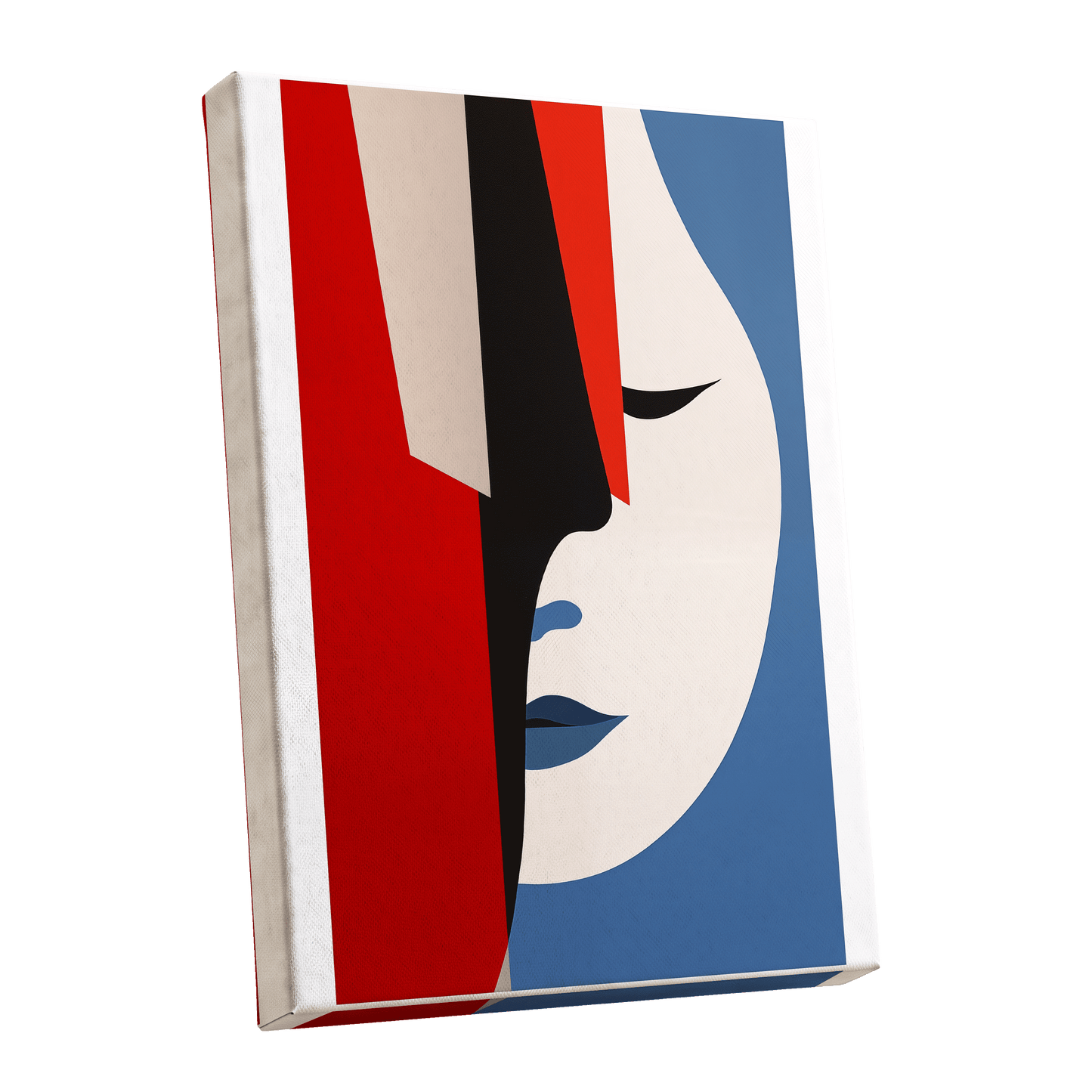 Scarlet Veil, red, blue, beige minimalist wall art shown as a stretched canvas wall art