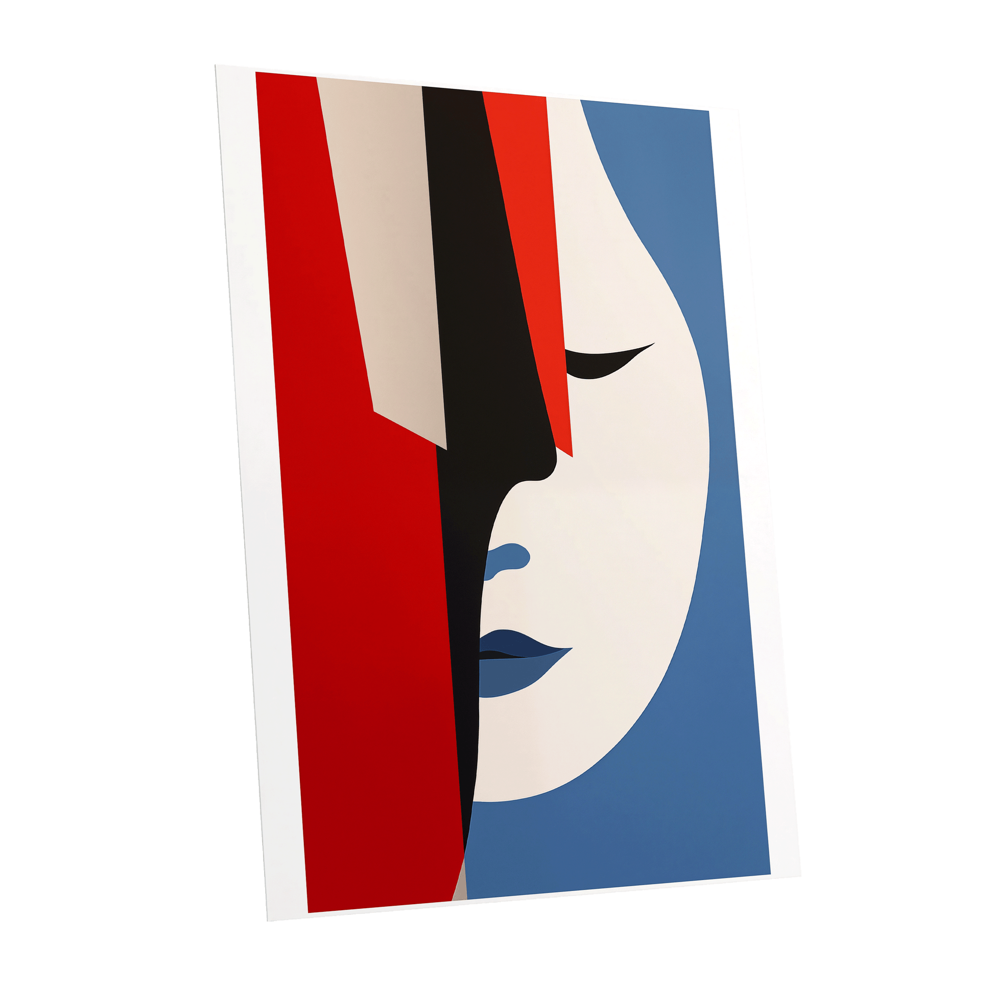 Scarlet Veil, red, blue, beige minimalist wall art shown as a unframed poster wall art print