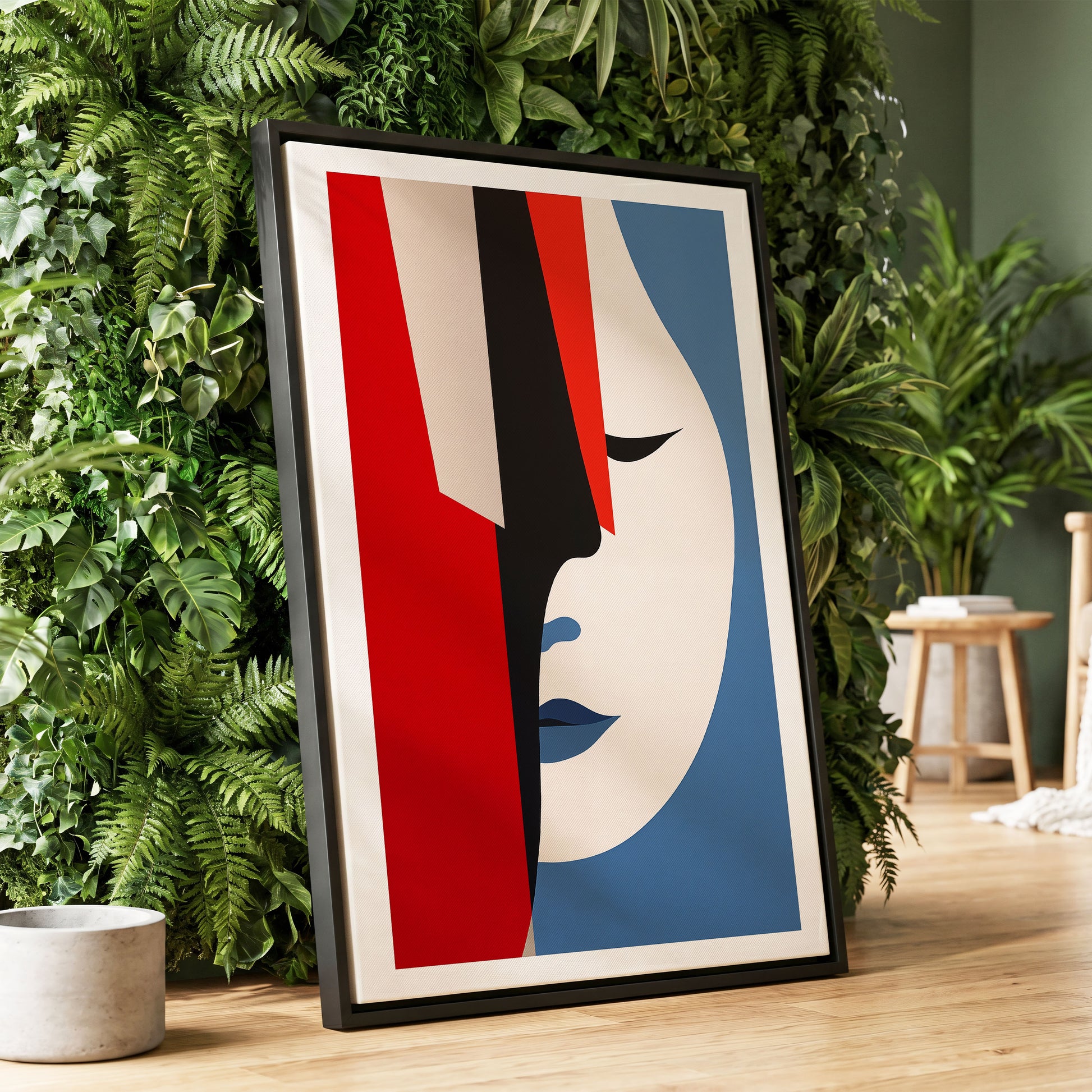 Scarlet Veil, red, blue, beige minimalist wall art displayed in a styled interior, gallery view 1