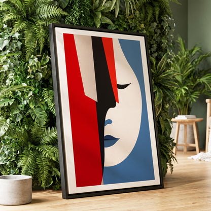 Scarlet Veil, red, blue, beige minimalist wall art displayed in a styled interior, gallery view 1