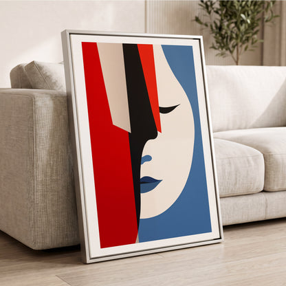 Scarlet Veil, red, blue, beige minimalist wall art displayed in a styled interior, gallery view 2