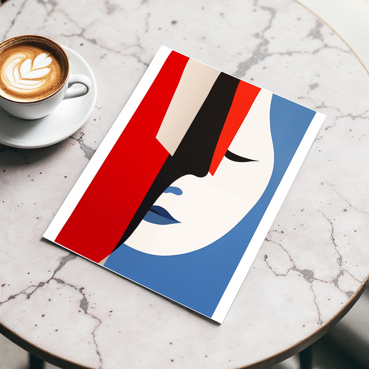 Scarlet Veil, red, blue, beige minimalist wall art displayed in a styled interior, gallery view 3