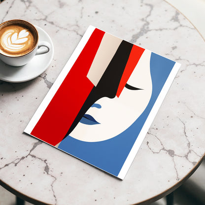 Scarlet Veil, red, blue, beige minimalist wall art displayed in a styled interior, gallery view 3