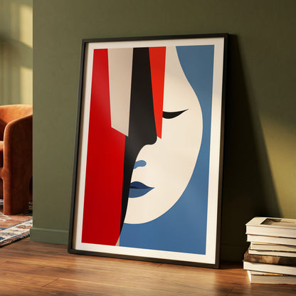 Scarlet Veil, red, blue, beige minimalist wall art displayed in a styled interior, gallery view 4