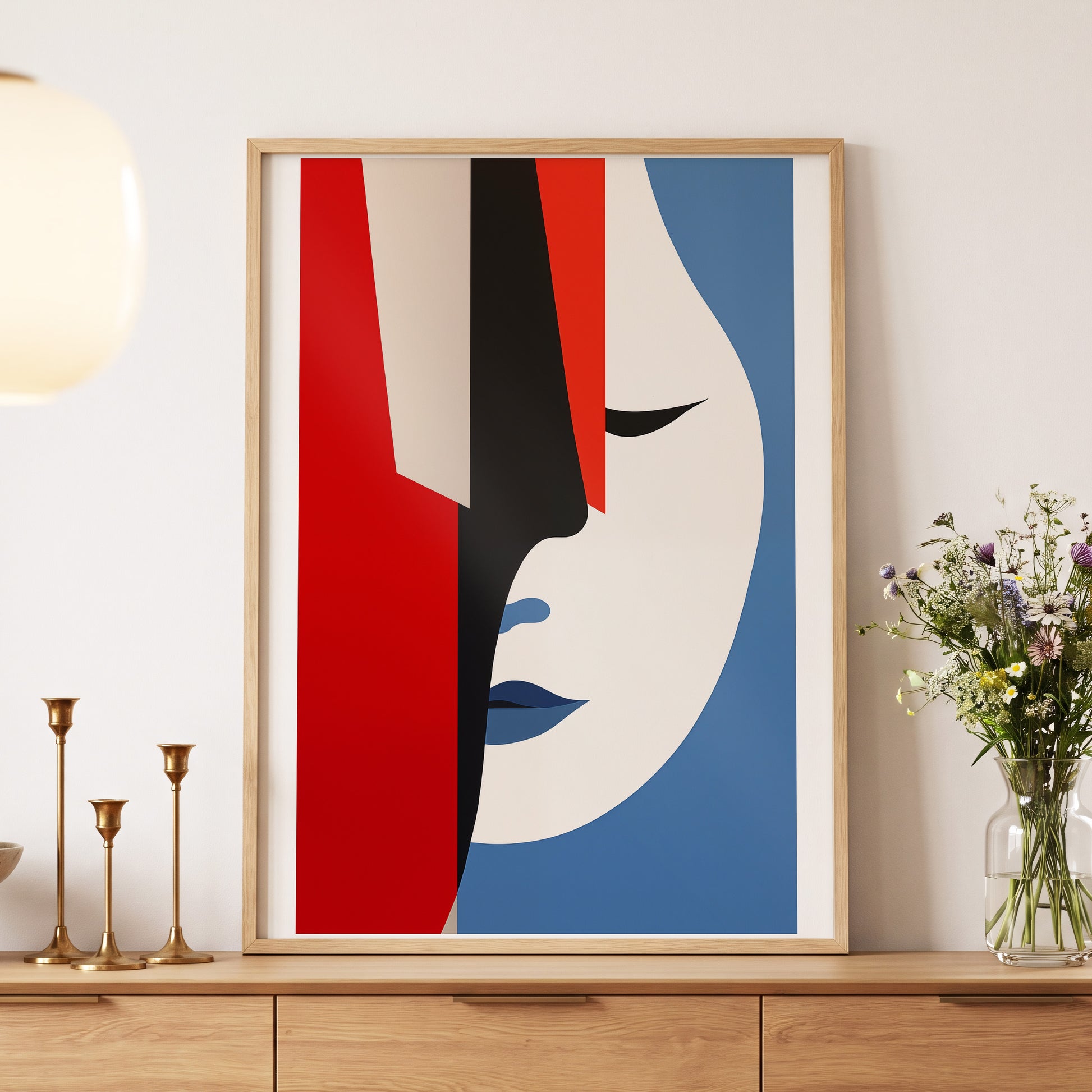 Scarlet Veil, red, blue, beige minimalist wall art displayed in a styled interior, gallery view 5