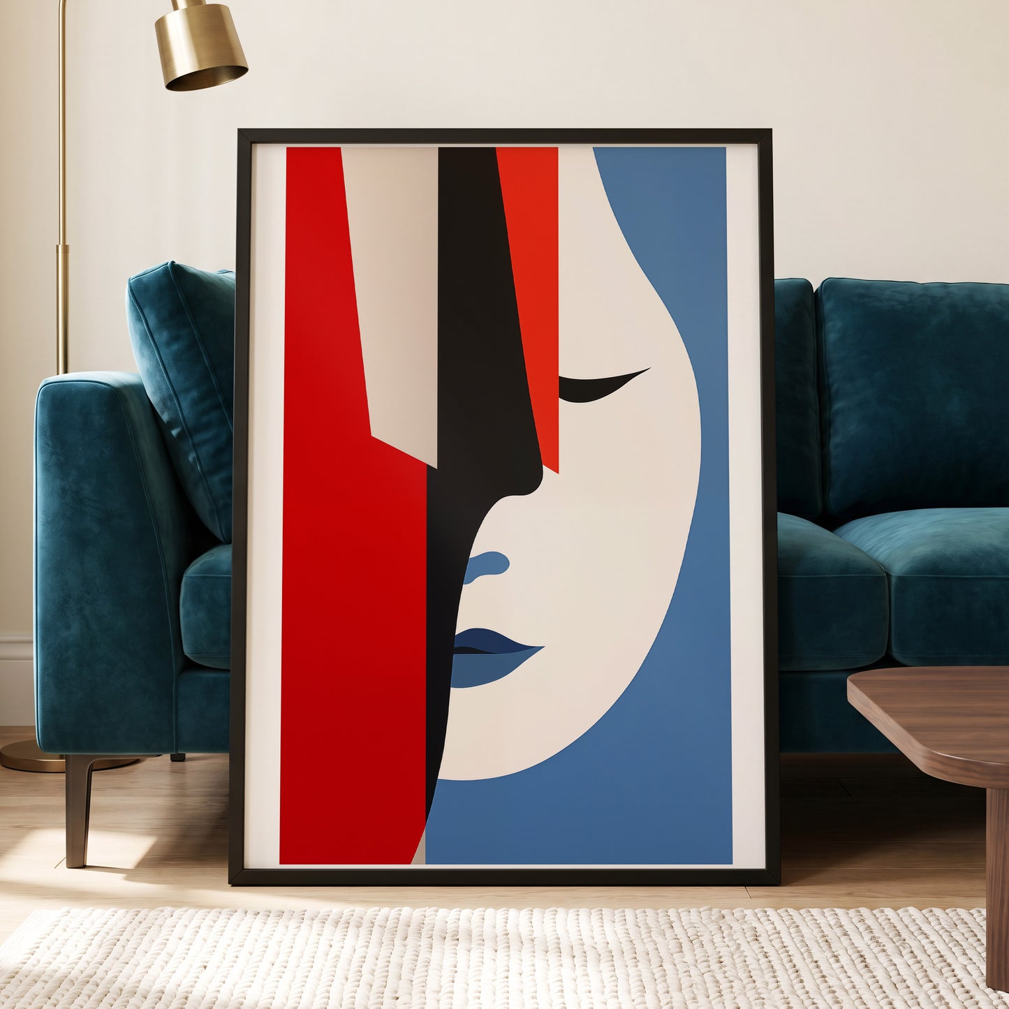 Scarlet Veil, red, blue, beige minimalist wall art displayed in a styled interior, gallery view 6